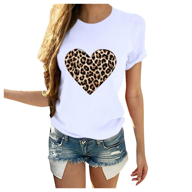 Women T-Shirt Leopard Heart Print T Shirt